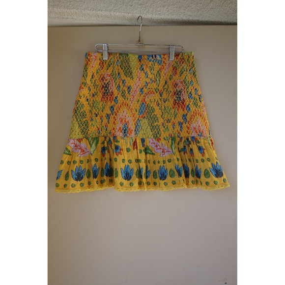 FARM Rio Summer Garden Smocked Waist Mini Skirt Yellow Floral Print Size M - Picture 7 of 10